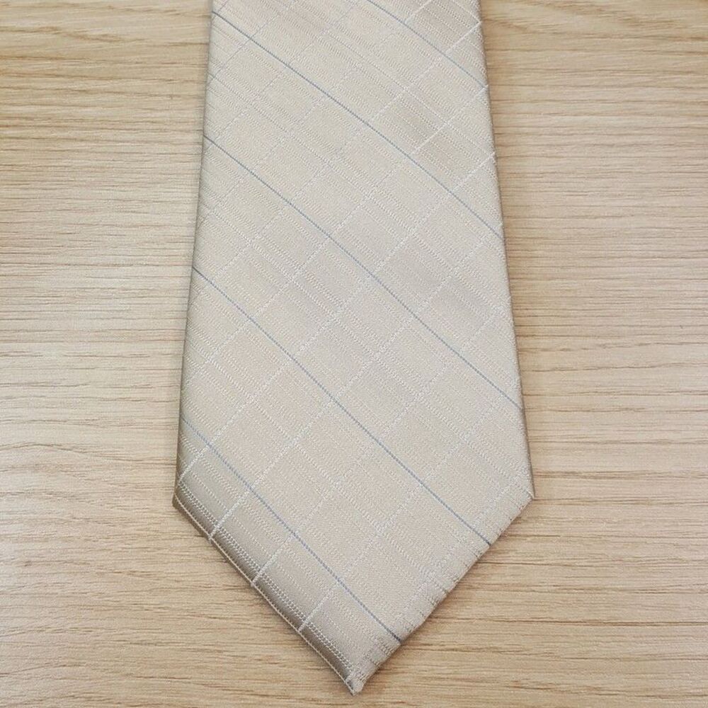 CALVIN KLEIN Mens Neck Tie Tan Stripe Plaid Check Modern Classic Silk Blend